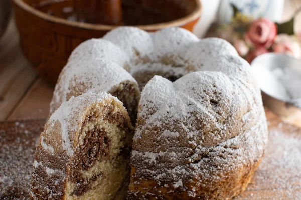 Marble Cake Wooden Table Homemade Fresh Baked Bundt Cake Served — стоковое фото