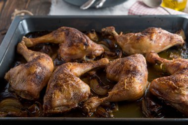 Oven baked chicken legs on a baking tray. Fresh and homemade cooked. Ready to eat