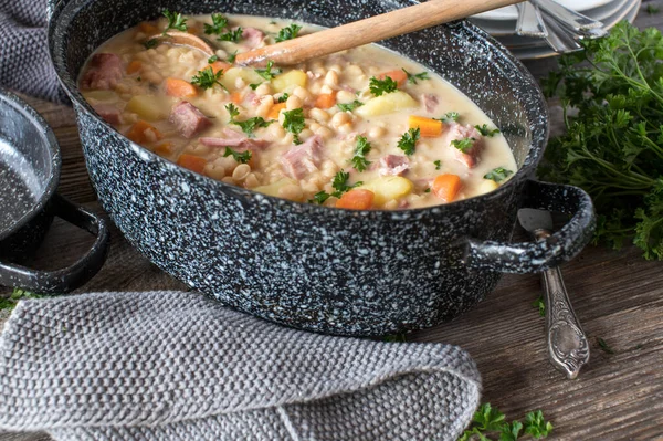 Rustic Stew White Beans Vegetable Potatoes Pork Meat Served Old — Stock fotografie