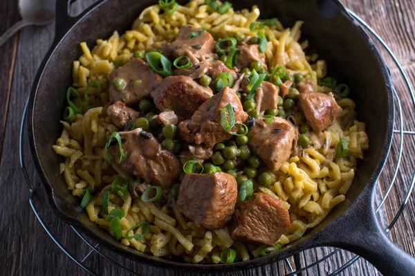 Rustic Meat Dish Pasta Delicious Creamy Poultry Ragout German Spaetzle — 图库照片
