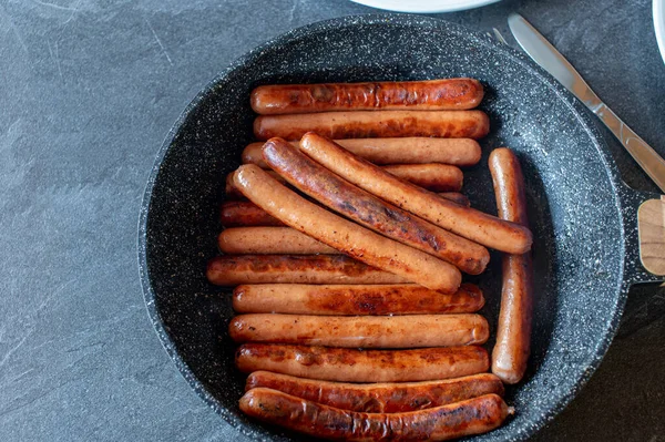 Fried Vienna Sausage Frying Pan Dark Table Background Side View — Stock Photo, Image