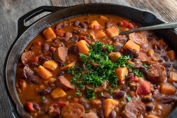 Spicy Mexican Tex Mex Bean Stew Fresh Homemade Cooked Chorizo — Stock Photo, Image