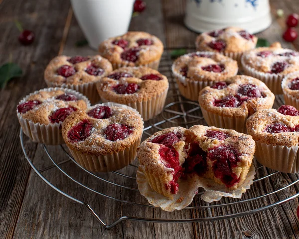 Sour Cherry Dessert Fresh Baked Muffins Cooling Rack Wooden Table — Stock Fotó