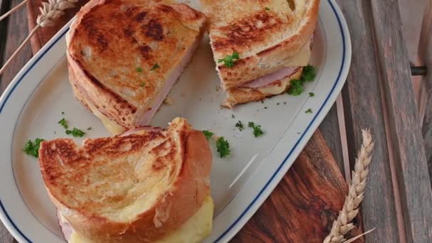 Homemade Fresh Fried Ham Cheese Sandwiches Ready Eat Plate Closeup — Vídeo de Stock