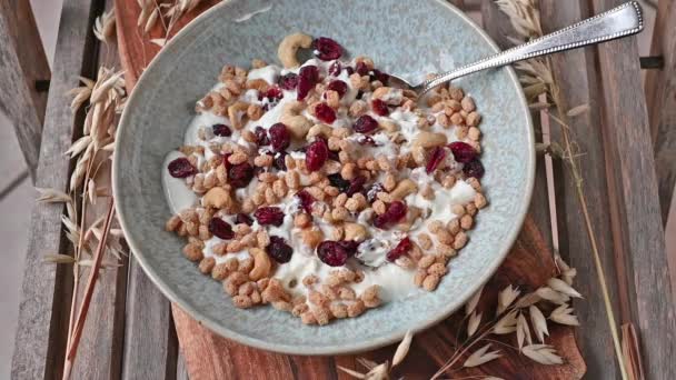 Womans Hand Stirs Breakfast Cereal Greek Yogurt Puffed Oats Cashews — Stock video