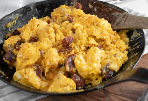 Chorizo Fried Eggs Pan Delicious Homemade Breakfast Chorizo Sausage Scrambled — Foto Stock