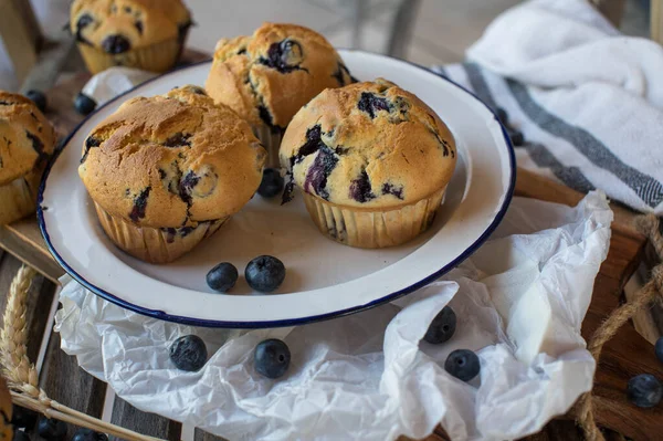 Domácí Borůvkové Muffiny Talíři — Stock fotografie