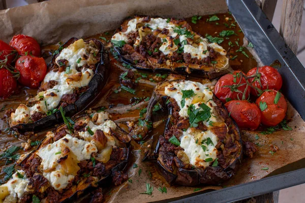 Stuffed Eggplants Ground Beef Feta Cheese Filling Baking Tray — Photo