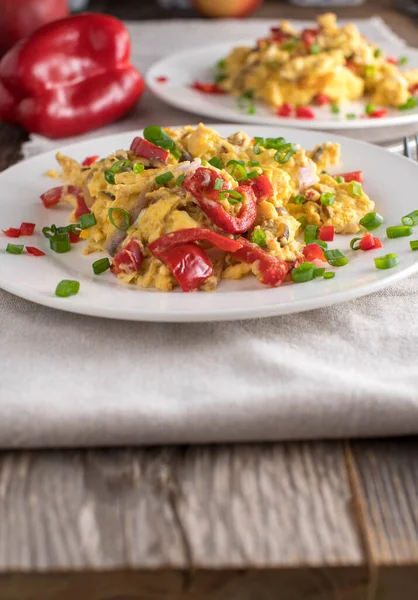 Plates Fresh Cooked Low Carb Breakfast Scrambled Eggs Bell Peppers — Stockfoto