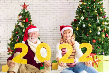 Üst düzey Kafkasyalı çift yeni yıl kutlamaları için noel ağacının önünde 2022 yazısını gösteriyor.