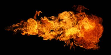 Ateş ve yanan alev meşalesi grafik tasarımı için siyah arkaplanda izole edildi