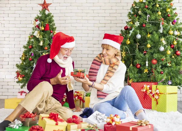 Mutlu gülümseyen Kafkasyalı çift Noel 'i birlikte kutlarken Noel Baba şapkası ve Noel ağacıyla hediyelerini mutlulukla ve heyecanla değiş tokuş ediyorlar.