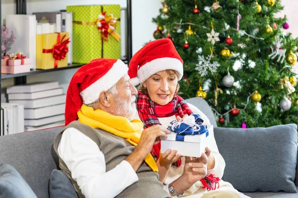 Son sınıf Kafkasyalı çift Noel 'i birlikte kutluyor. Kırmızı Noel Baba şapkası ve Noel ağacı ile evde mutluluk ve heyecan içinde.