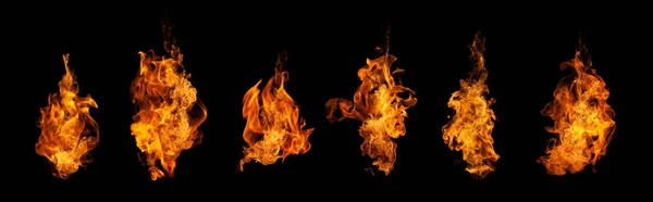 在深色背景上隔离的一套火灾和燃烧的火焰 用于图形设计 — 图库照片