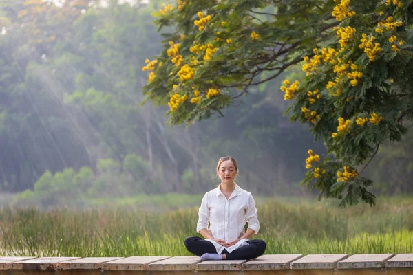 Mujer Practicando Relajadamente Meditación Parque Para Alcanzar Felicidad Paz Interior — Foto de Stock