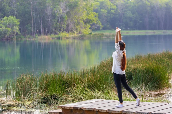 Woman Stretching Pier Next Natural Lake Forest Morning Exercise Yoga —  Fotos de Stock