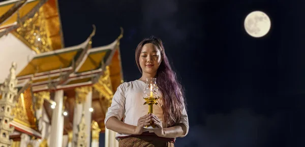Asian Buddhist Woman Lighting Candle Pay Homage Lord Buddha Vesak — Photo