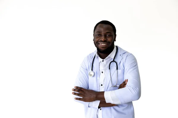 African American Male Doctor Smiling Full Uniform Stethoscope White Background — Stock Photo, Image