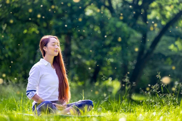 Woman Relaxingly Practicing Meditation Forest Attain Happiness Inner Peace Wisdom — Stock Photo, Image