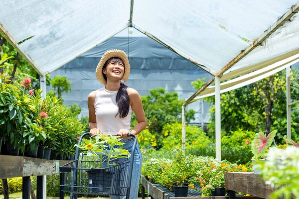 Young Asian Customer Choosing Exotic Plant Local Garden Center Nursery — Stock Fotó