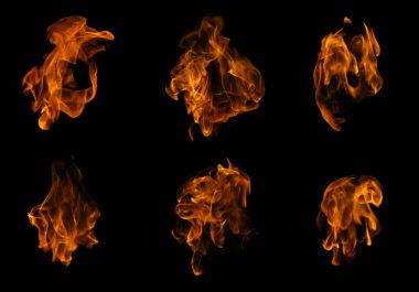 Fire collection set of flame burning isolated on dark background for graphic design