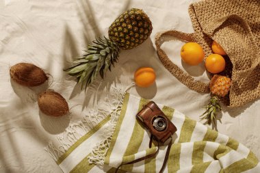 Taze portakallar, ananas, kumsalda örülmüş çantadan dökülen hindistan cevizleri. Çarşaf plaj havlusunda eski bir kamera. Tropik tatil konsepti