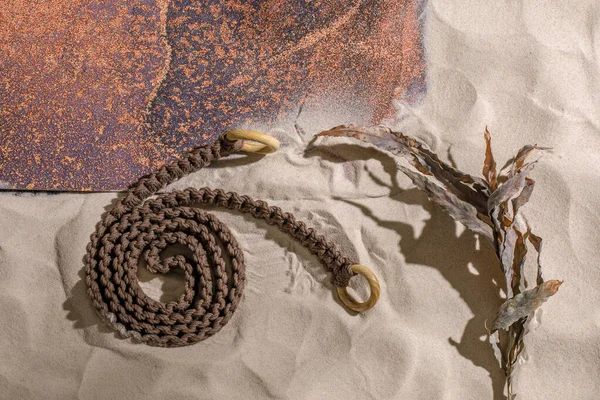 Ausgerollte Lila Yogamatte Seil Zum Dehnen Und Getrocknete Blätter Sandstrand — Stockfoto