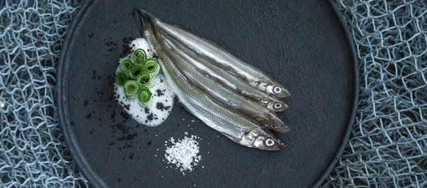 Europese Geroken Rauwe Ongekookte Vis Zwarte Ambachtelijke Plaat Visnet Versierd — Stockfoto