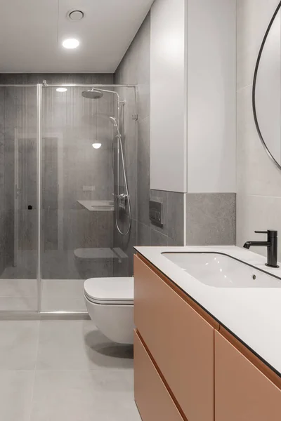 Modern Minimalist Bathroom Interior Design Grey Stone Tiles Terracotta Furniture — Stockfoto