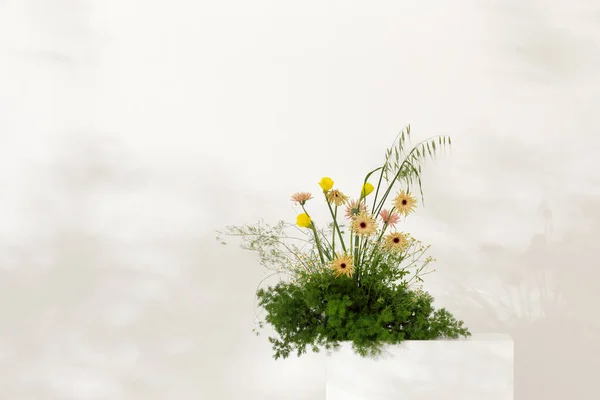 Arranjo Floral Primavera Cedo Buquê Flores Frescas Contra Parede Branca — Fotografia de Stock