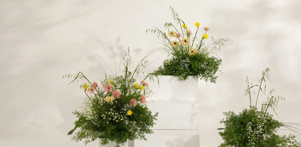 Vroeg Lente Bloemstuk Boeket Van Verse Bloemen Tegen Witte Muur — Stockfoto