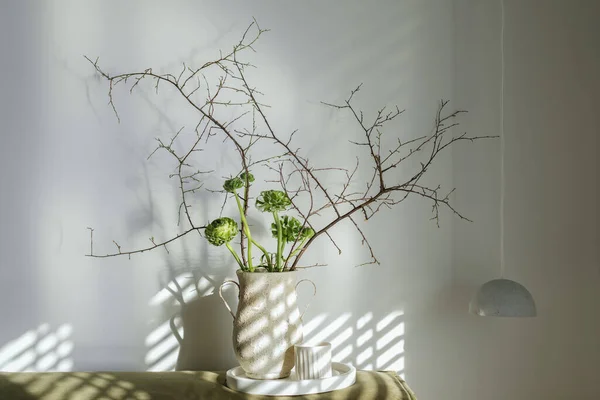 Florecen Ramas Cerezo Ranúnculos Verdes Jarrón Arcilla Texturizada Artesanal Contra — Foto de Stock