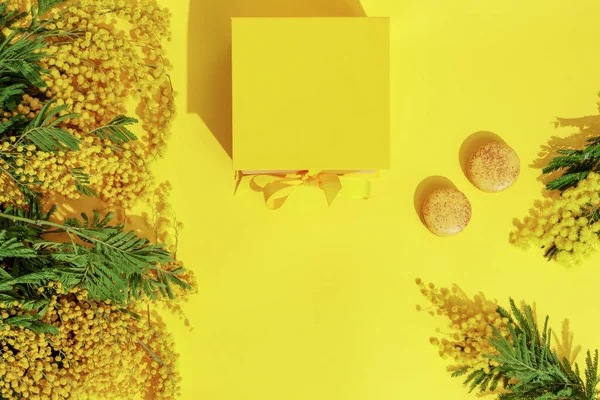 Κλαδιά Από Λουλούδια Μιμόζας Κίτρινα Αμυγδαλωτά Και Κίτρινο Κουτί Δώρου — Φωτογραφία Αρχείου