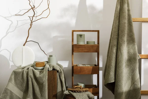 Aksesoris Kamar Mandi Estetika Modern Dengan Warna Hijau Eukaliptus Handuk — Stok Foto
