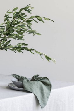 Keten masa örtüsünün üzerinde vazoda zeytin ağacı brunch 'ı ile nefis bir sofra. Yaz tatili konsepti için açık masa ayarları.