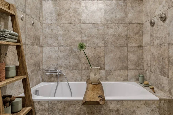 Modern Japandi Bathroom Interior Design Earth Tones Natural Textures Wooden — Stockfoto