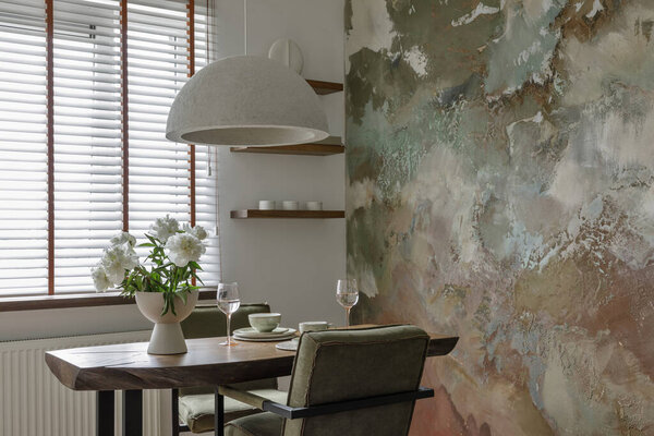 Modern Japandi Interior Design Appartment Earth Tones Natural Textures Wooden — Stock Photo, Image