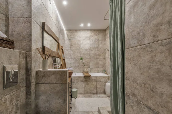 Moderno Diseño Interior Baño Japonés Tonos Tierra Texturas Naturales Con — Foto de Stock