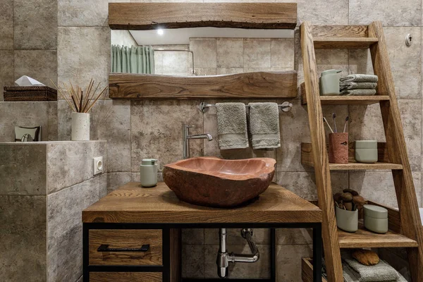 Modern Japandi Bathroom Interior Design Earth Tones Natural Textures Wooden — Stok Foto