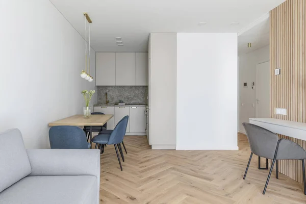 Modern Minimalist Kitchen Dining Room Interior Design Wooden Furniture Oak — Zdjęcie stockowe