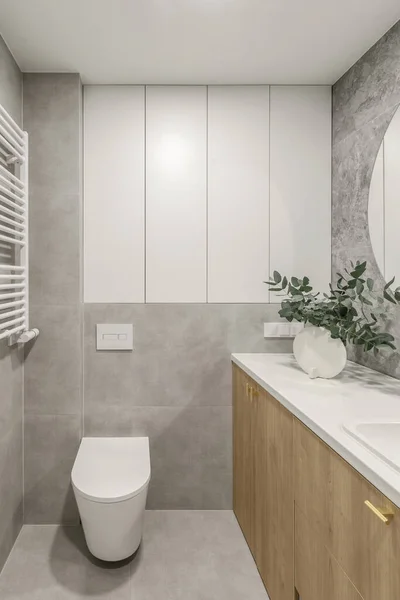 Modern Minimalist Bathroom Interior Design Wooden Furniture Grey Stone Tiles — Stockfoto