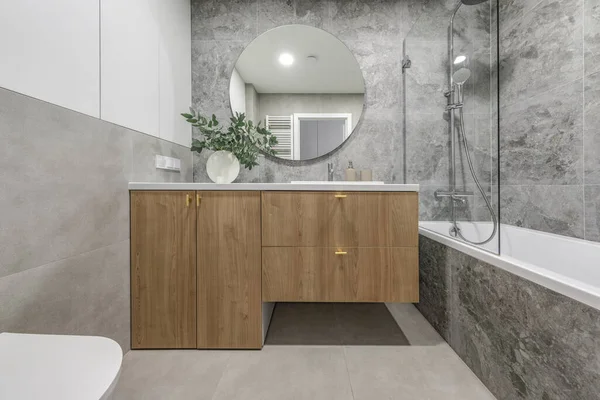 Modern Minimalist Bathroom Interior Design Wooden Furniture Grey Stone Tiles — ストック写真