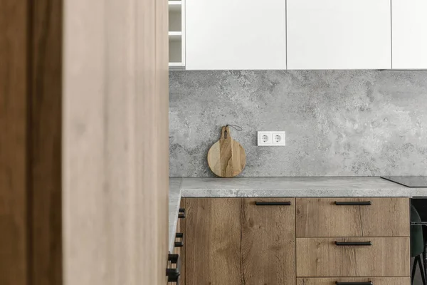 Moderna Cozinha Minimalista Sala Jantar Interior Com Superfícies Madeira Cinza — Fotografia de Stock