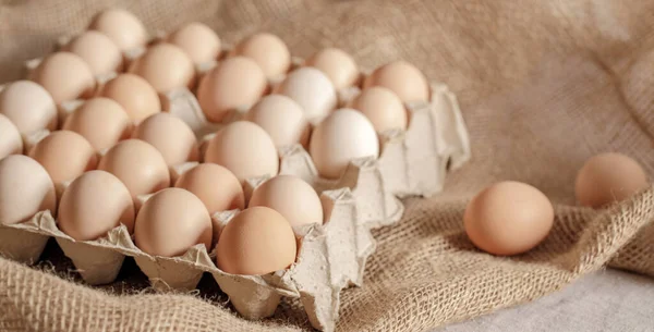 Fresh organic chicken eggs in carton pack or egg paper container on a sacking. Zero waste packaging concept