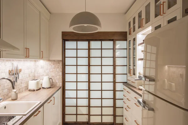 Modern Japandi Kitchen Interior Design Earth Tones Natural Textures Wooden — Zdjęcie stockowe