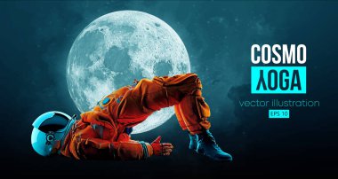 Astronot, ayın ve uzayın arka planında yoga yapıyor. Yoga egzersizleri. Vektör illüstrasyonu