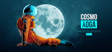 Astronot, ayın ve uzayın arka planında yoga yapıyor. Yoga egzersizleri. Vektör illüstrasyonu