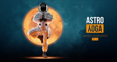 Astronot Mars 'ın ve uzayın arka planında yoga yapıyor. Yoga egzersizleri. Vektör illüstrasyonu