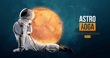 Astronot Mars 'ın ve uzayın arka planında yoga yapıyor. Yoga egzersizleri. Vektör illüstrasyonu