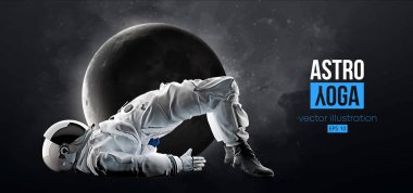 Astronot, ayın ve uzayın arka planında yoga yapıyor. Yoga egzersizleri. Vektör illüstrasyonu